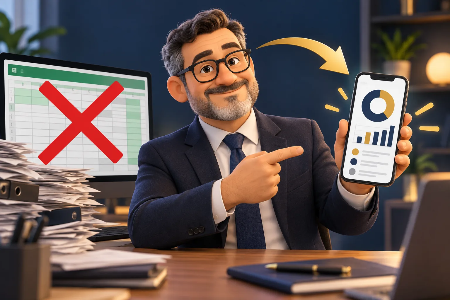 Ejecutivo con su celular: una planilla tachada y una flecha hacia su propia app