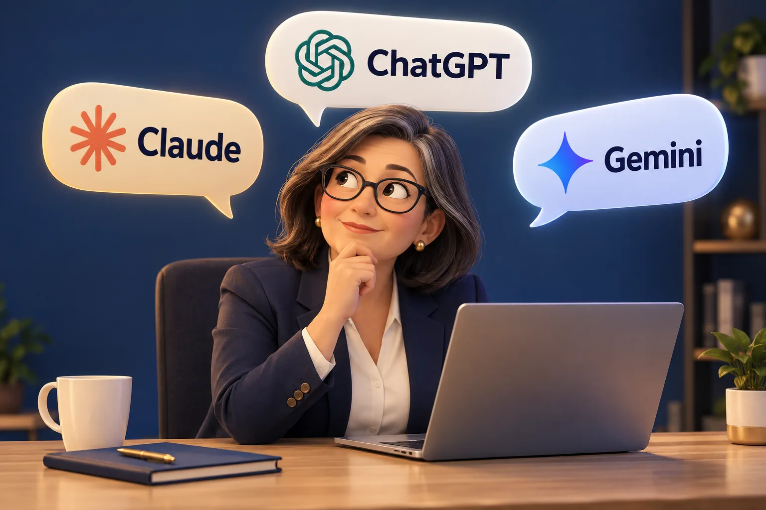 Ejecutiva frente a su notebook pensando entre ChatGPT, Claude y Gemini