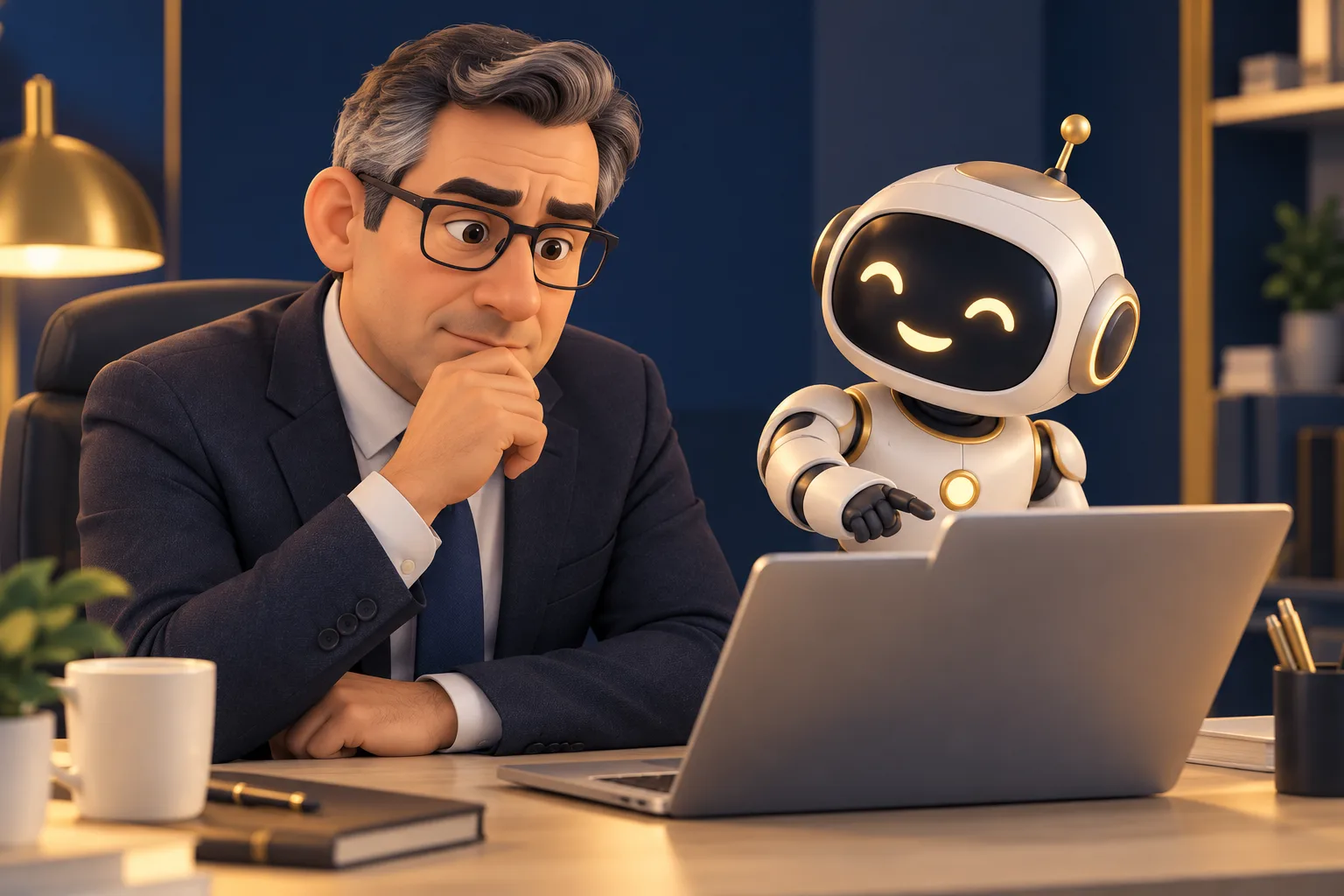 Ejecutivo frente a su computador mientras un asistente robot le explica qué hacer